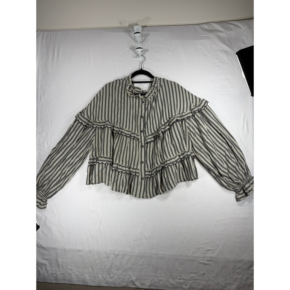 So Me Reversible Flowy Boho Top Women Large Gray Striped NWT Ruffle Scallop